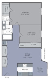 2 Bedroom 1 Bath 2D floor plan at Glenwood.