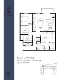 A floor plan for a Grand Marais property with two bedrooms and two bathrooms.