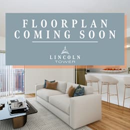 A modern living room with a couch, coffee table, and bar stools, with a sign that says "Floorplan Coming Soon" and the Lincoln Tower logo.
