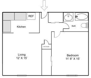 a floor plan of a 1 bedroom floor plan with a bathroom and a kitchen