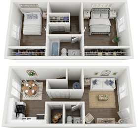 A dollhouse with two floors, a living room, a kitchen, and two bedrooms.