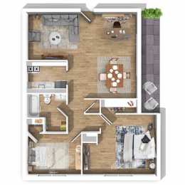 A detailed 3D floor plan of a modern apartment layout.