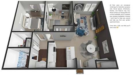 A 3D floor plan of a small apartment with a kitchen, living room, and bedroom.