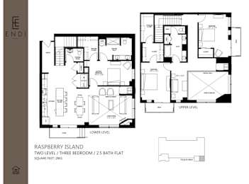 A floor plan for a two level, three bedroom, 2.5 bath home.