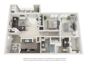 3D floor plan for 2 bedroom 2 bath 1145