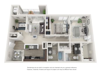 3D floor plan for 2 bedroom 2 bath with a den 1145