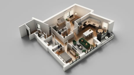 a 3d floor plan of a two story apartment