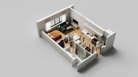 a floor plan of a small apartment with a living room and kitchen