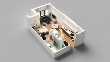 a 3d rendered floor plan of a one bedroom apartment
