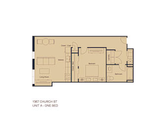 A floor plan of a one bedroom apartment at 1567 Church St.