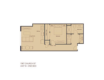 A floor plan of a one bedroom apartment at 1567 Church St.