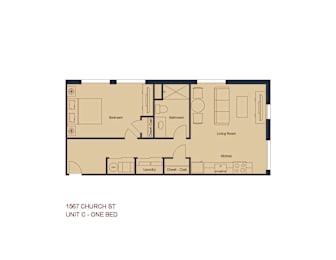 A floor plan of a one bedroom apartment at 1567 Church St.