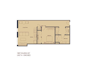A floor plan of a one bedroom apartment at 1567 Church St.