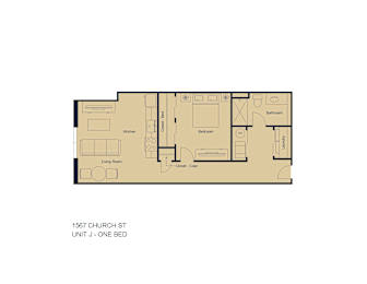 A floor plan of a one bedroom apartment at 1567 Church St.