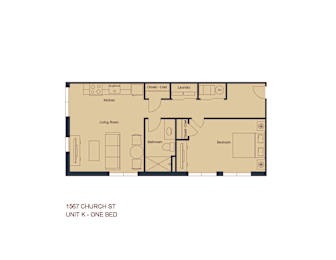 A floor plan of a one bedroom apartment at 1567 Church St.