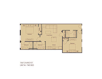A floor plan of a two bedroom unit at 1567 Church St.
