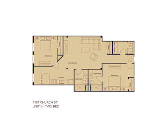 A floor plan of a two bedroom apartment at 1567 Church St.