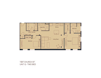 A drawing of a floor plan for a two bedroom apartment.