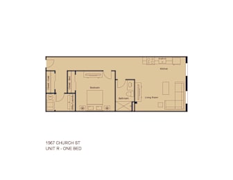 A floor plan of a one bedroom unit at 1567 Church St.