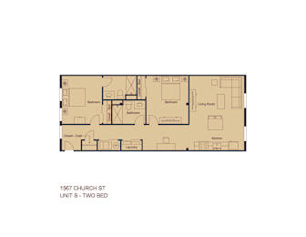 A floor plan of a two bedroom unit at 1567 Church St.