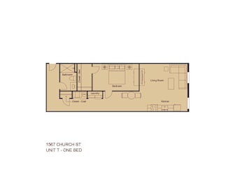 A floor plan of a one bedroom unit at 1567 Church St.