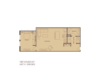 A floor plan of a one bedroom apartment at 1567 Church St.