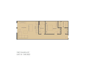 A floor plan of a one bedroom apartment at 1567 Church St.