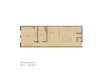 A floor plan of a one bedroom apartment at 1567 Church St.