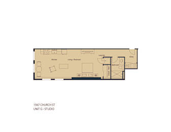 A floor plan of a studio apartment at 1567 Church St showing the layout of the kitchen, living room, and bathroom.