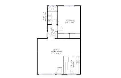 A floor plan of a bedroom, living room, and entry.
