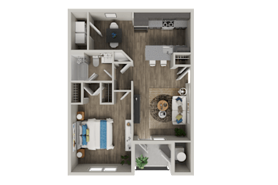 A top-down view of a small apartment with a kitchen, living room, and bedroom.