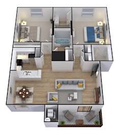 A 3D floor plan of a small apartment with a kitchen, living room, and bathroom.