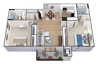 A 3D floor plan of a house with a living room, kitchen, dining room, and bedrooms.