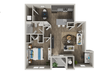 A 3D floor plan of a small apartment with a bedroom, living room, and kitchen.