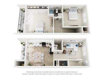 A white 3D floor plan of a small apartment with a kitchen, living room, and bathroom.