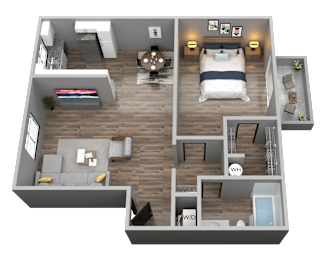 A 3D rendered image of a house layout with a bedroom, living room, kitchen, and bathroom.
