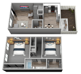 A 3D floor plan of a house with two bedrooms and a living area.