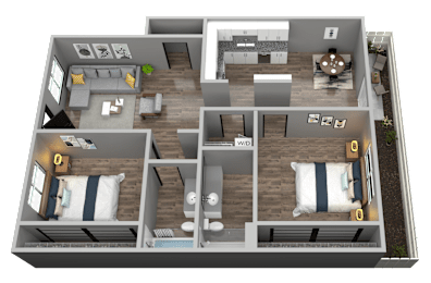 A 3D rendered image of a house layout.