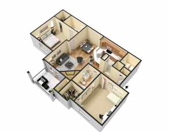 A 3D floor plan of a house with multiple rooms.