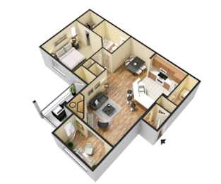 A 3D floor plan of an apartment with a kitchen, living room, and two bedrooms.