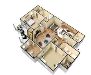 A 3D floor plan of a house with multiple rooms.