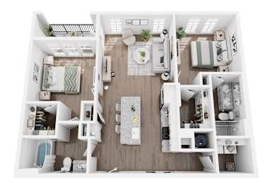 A top-down view of a small, well-organized apartment with a kitchen, living room, and bedroom.
