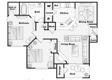 A floor plan of a house with a living room, dining room, kitchen, and bedrooms.