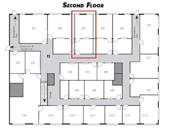 A floor plan of a building's second floor with room numbers and a highlighted section.