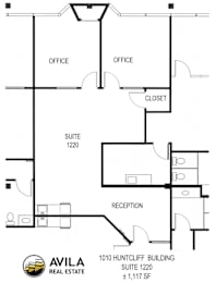 A floor plan for the 1010 Huntcliff Building shows two offices, a suite, a reception area, and a closet.