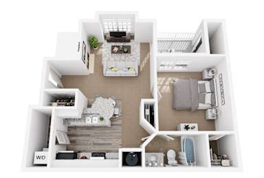 A top-down view of a small apartment layout with a living room, kitchen, and bathroom.