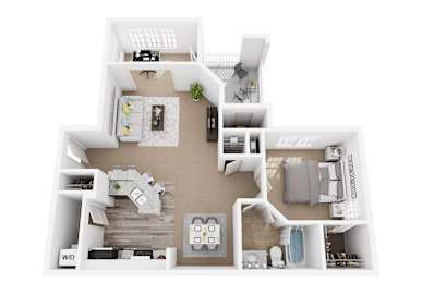 A floor plan of a house with a living room, dining room, kitchen, and bathrooms.