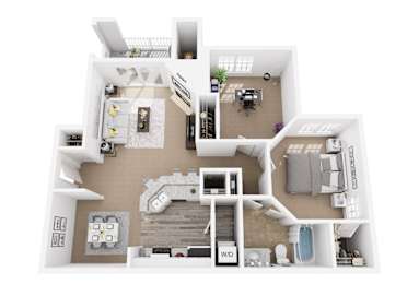 A floor plan of a house with a kitchen, living room, dining room, and bathroom.