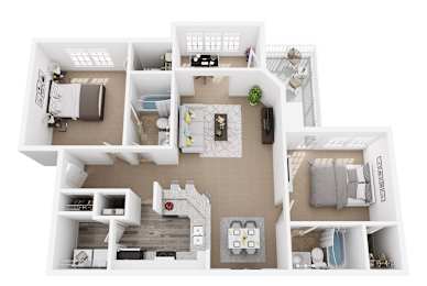 A top-down view of a house layout with multiple rooms and furniture.