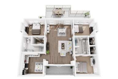 A top-down view of a modern apartment layout.